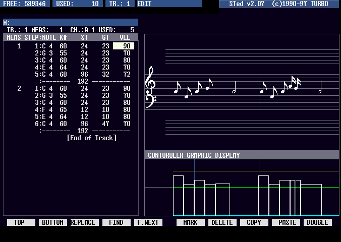 STed2 on a Clockwork DevTerm A06: data list, Ctrl+G score view, controller graph